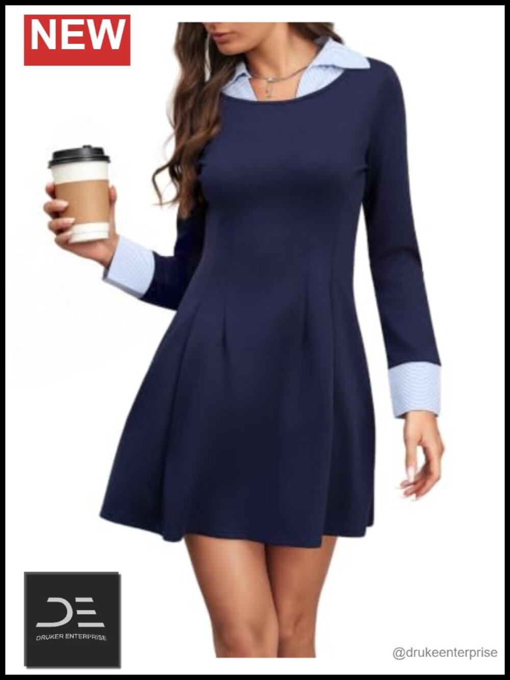 Women's Collared Long Sleeve A-Line Work Dress Business Casual Mini